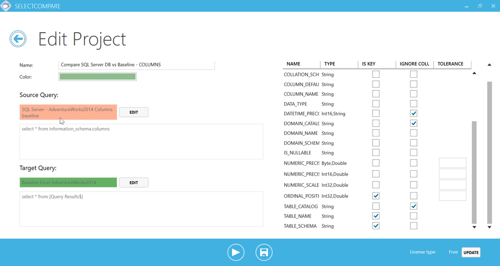 Screenshot of SelectCompare Edit project configuration screen for data comparison.