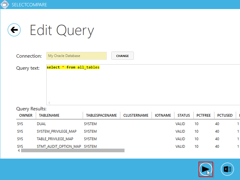 Image showing editor of a SQL Query using Oracle ODBC connection